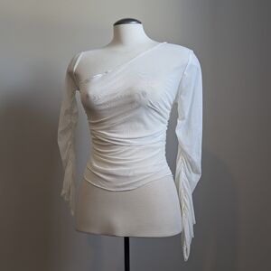 White Sheer Mesh Asymmetrical Off Shoulder Top Ruched One Sleeve Festival Boho